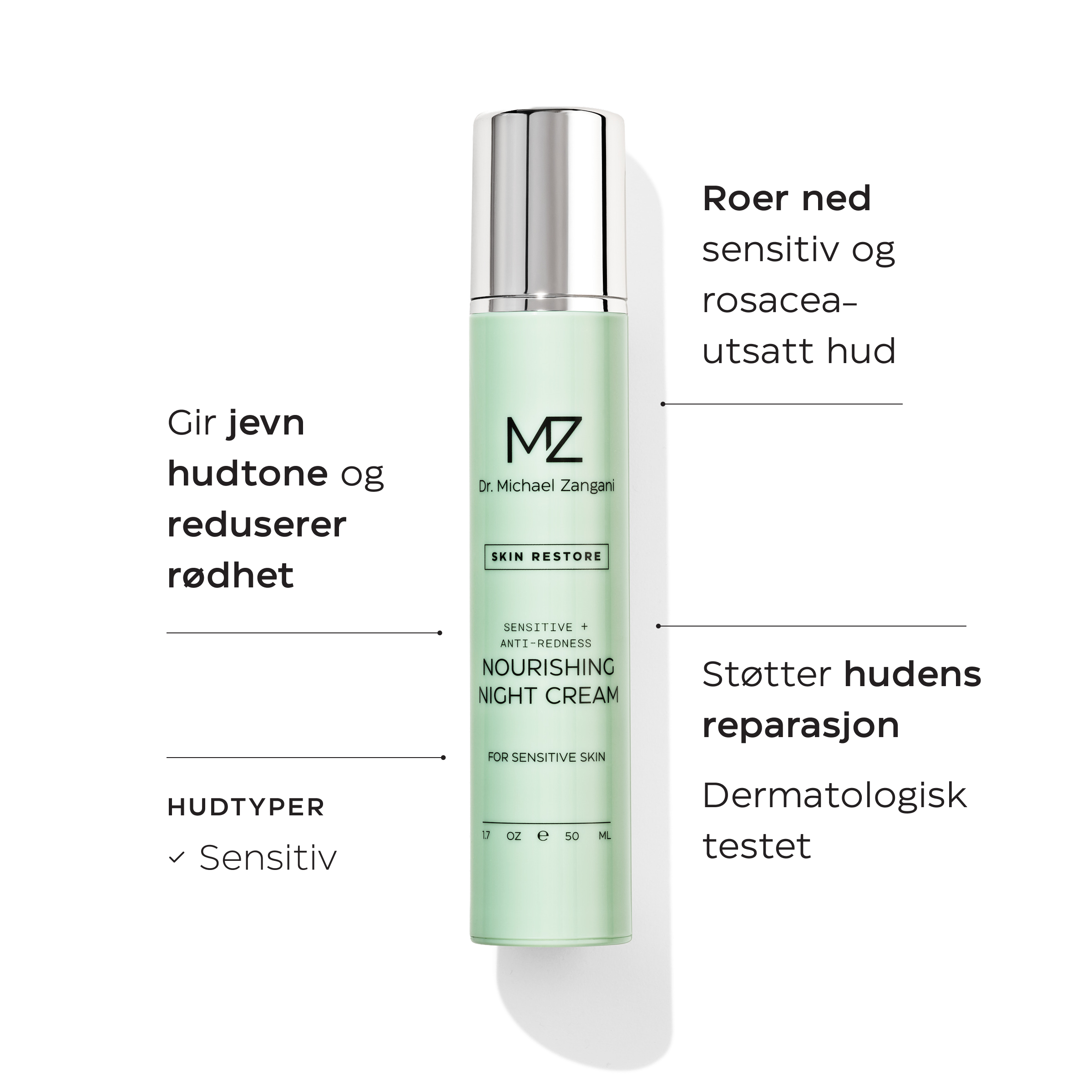Anti-Redness Nourishing Night Cream roer ned sensitiv og rosacea-utsatt hud og gir jevn hudtone