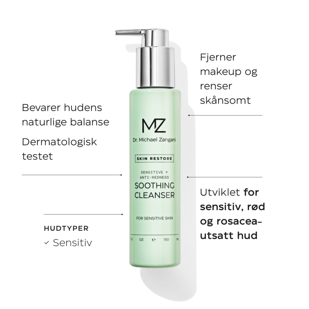 Soothing Cleanser Fjerner makeup og renser skånsomt og bevarer hudens naturlige balanse. Utviklet for sensitiv, rød og rosacea-utsatt hud