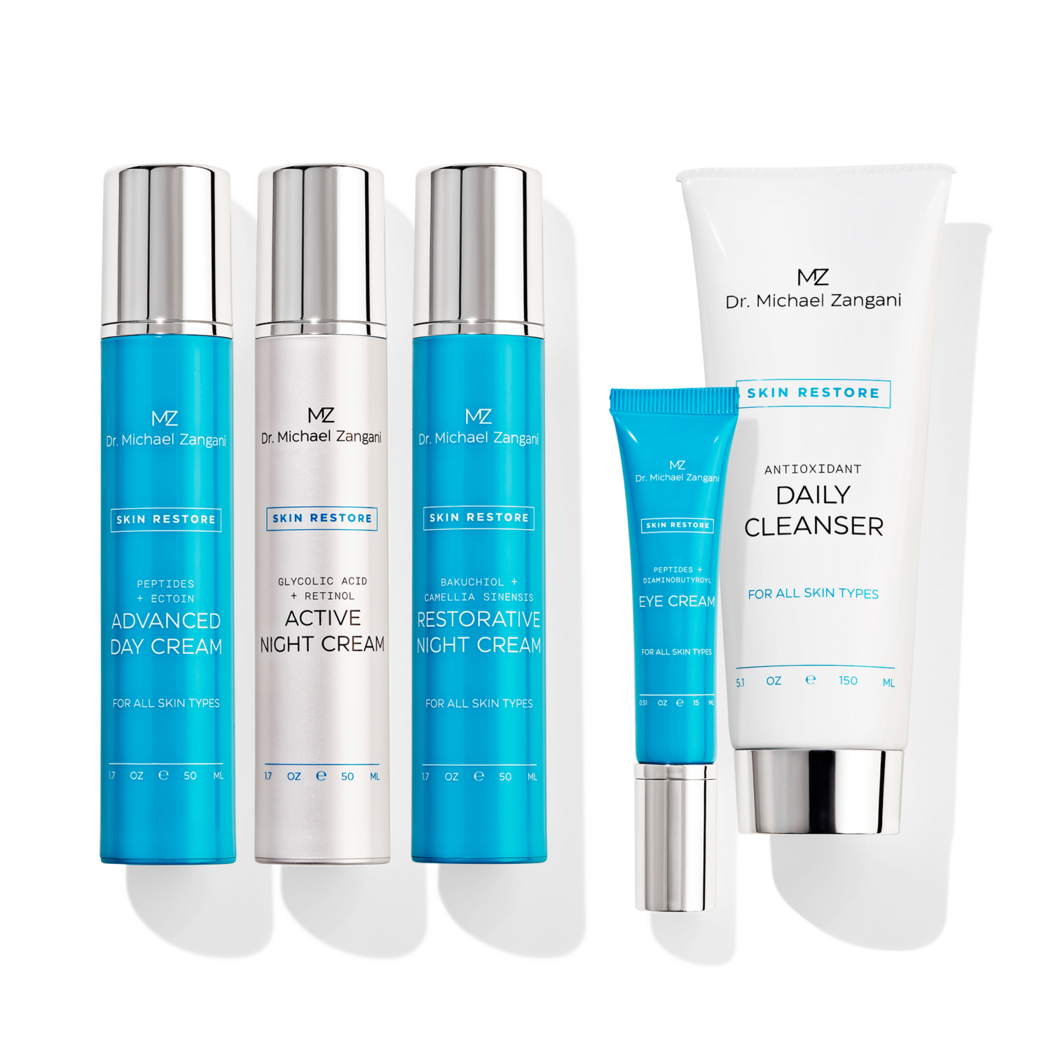 Anti-Age sett inneholder Daily Cleanser 150ML, Advanced Day Cream 50ML, Active Night Cream 50ML, Restorative Night Cream 50ML, Eye Cream 15ML